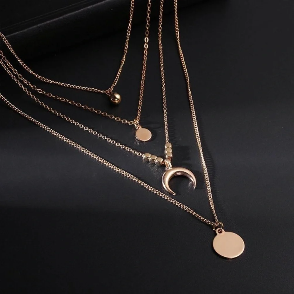 Moon/Disc Pendant, Multi-layer Necklace; Gold - Picture 3 of 10